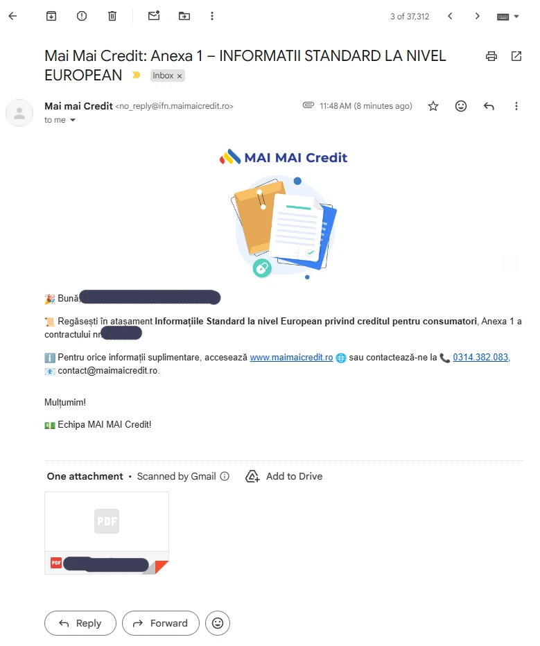 e-mailul cu Anexa 1 – Informațiile Standard la Nivel European